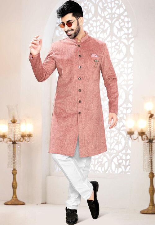 Printed Velvet Sherwani in Pink