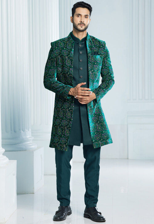 Printed Velvet Sherwani in Teal Green