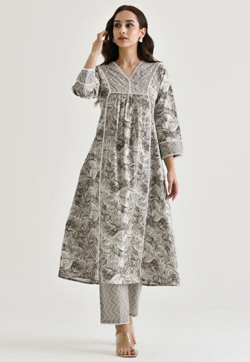 Printed Viscose Cotton A Line Kurta Set in Grey