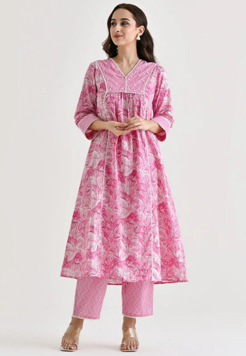 Printed Viscose Cotton A Line Kurta Set in Pink