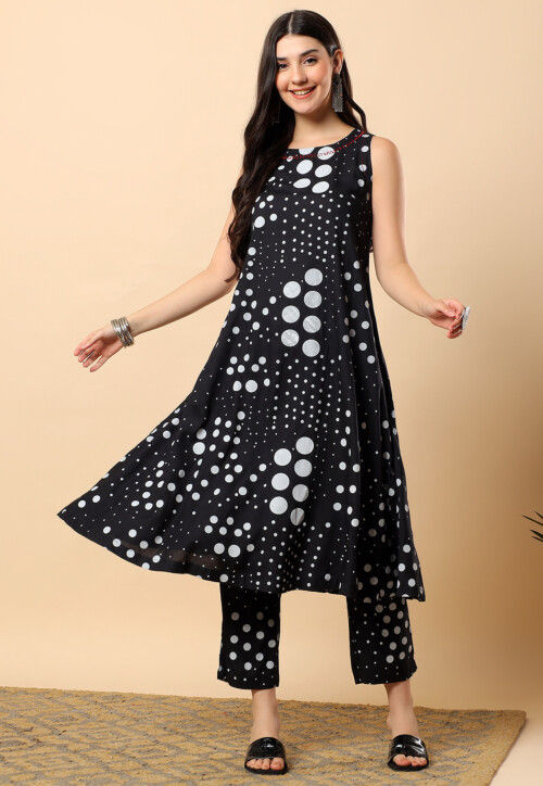 Printed Viscose Cotton Co Ord Set in Black
