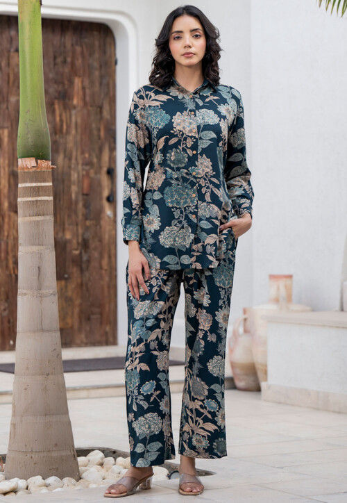 Buy Printed Viscose Rayon Co Ord Set in Dark Teal Blue Online : TKV597 ...