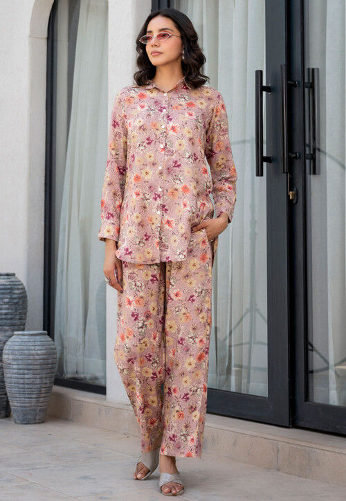 Printed Viscose Rayon Co Ord Set in Old Rose