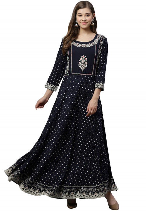 Buy Printed Viscose Rayon Long Kurta in Navy Blue Online : TKV82 ...