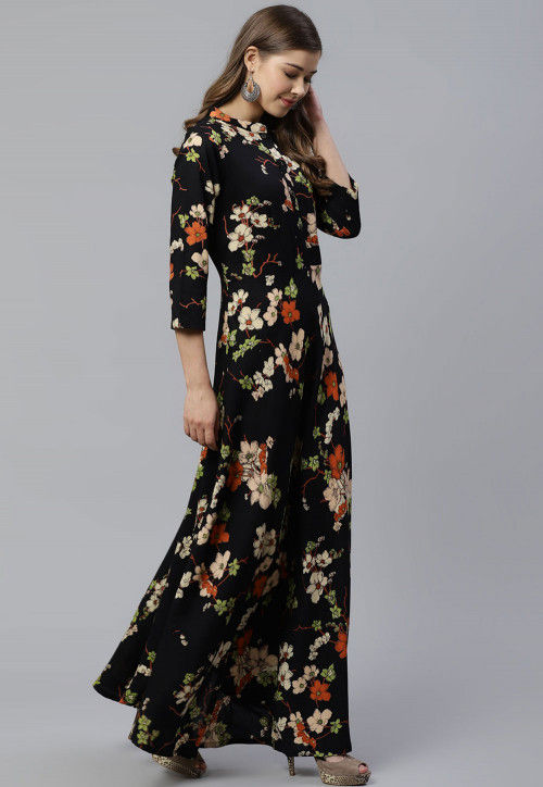 Buy Printed Viscose Rayon Maxi Dress in Black Online : TKV100 - Utsav ...