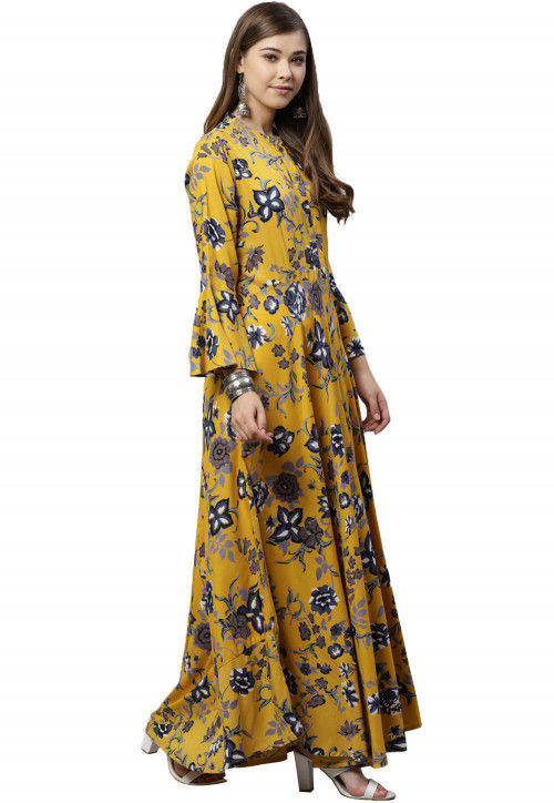 Printed Viscose Rayon Maxi Dress in Mustard : TKV87