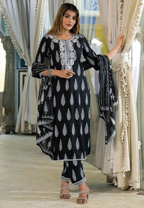 Printed Viscose Rayon Pakistani Suit in Black