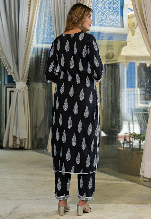 Printed Viscose Rayon Pakistani Suit in Black