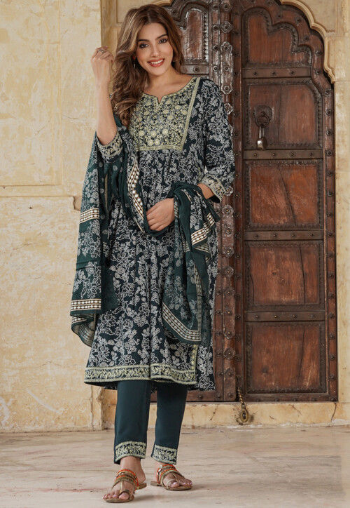 Printed Viscose Rayon Pakistani Suit in Dark Green