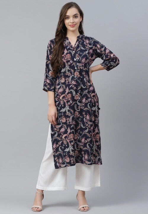 Black Printed Viscose Rayon A-Line Kurta Trousers Set main image 1