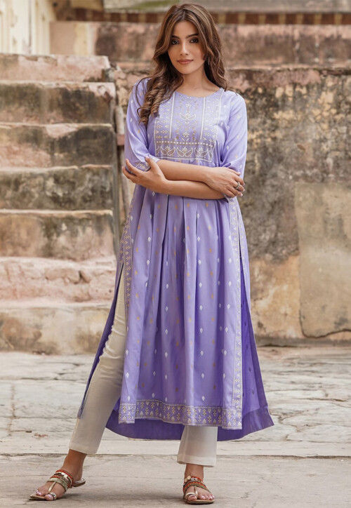 Printed Viscose Rayon Straight Kurta in Light Purple