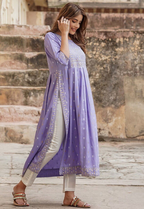 Printed Viscose Rayon Straight Kurta in Light Purple