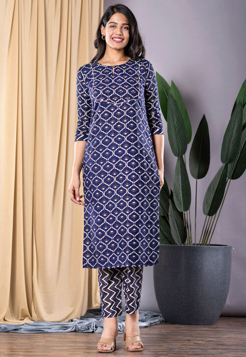 Printed Viscose Rayon Straight Kurta Set in Navy Blue