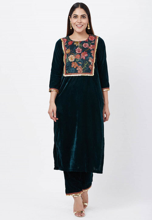 Printed Yoke Velvet Kurta with Palazzo in Dark Teal Green
