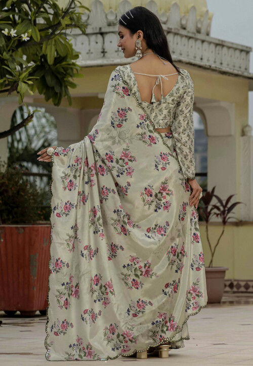 Pre-Stitched Chinon Silk Scalloped Saree in Dusty Green