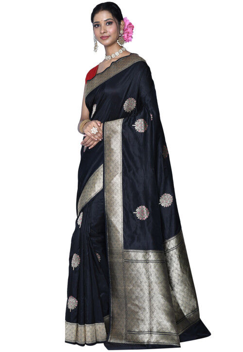 Buy SajaSajo Blue Blended Cotton Handwoven Saree with Unstitched Blouse  online