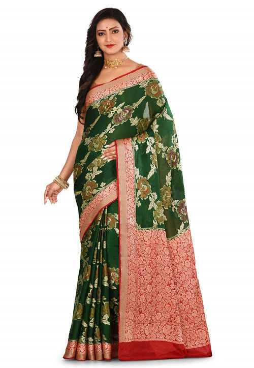 Pure Banarasi Silk Saree in Dark Green 