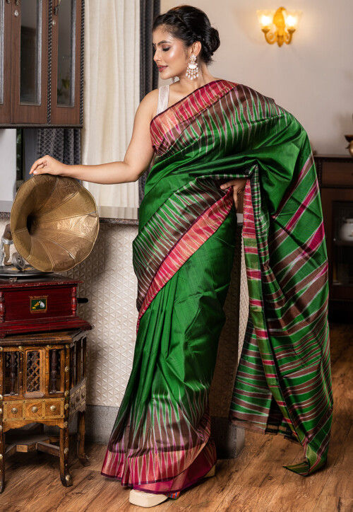 Buy Pure Bishnupuri Silk Handloom Saree in Dark Green Online SCRA115 Utsav Fashion