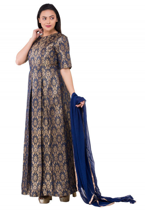 Pure Brocade Silk Abaya Style Suit in Navy Blue : KJN3214