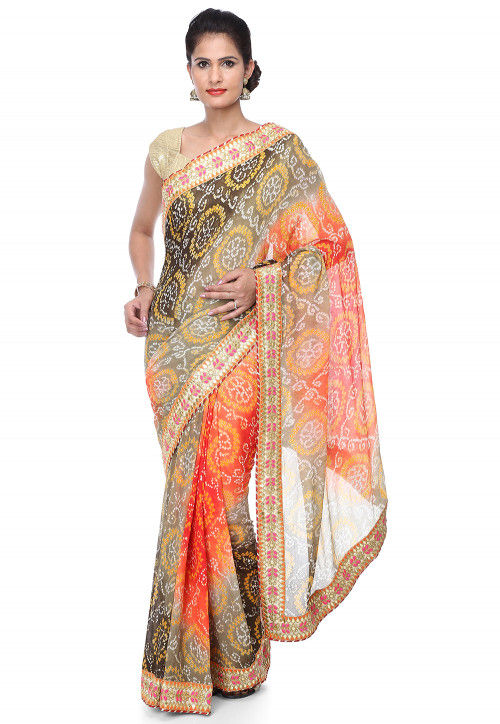 Pure Chinon Crepe Bandhej Saree in Multicolor