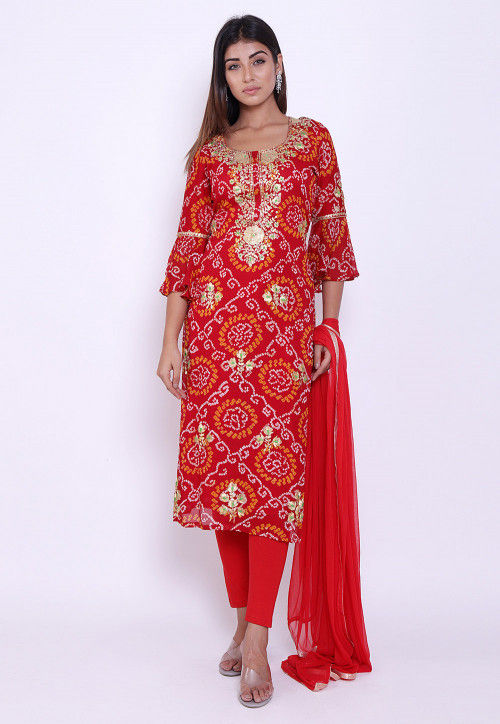 Pure Georgette Bandhej Straight Suit in Red