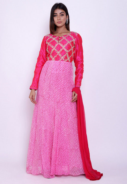 Pure Georgette Block Printed Abaya Style Suit in Pink and Fuchsia