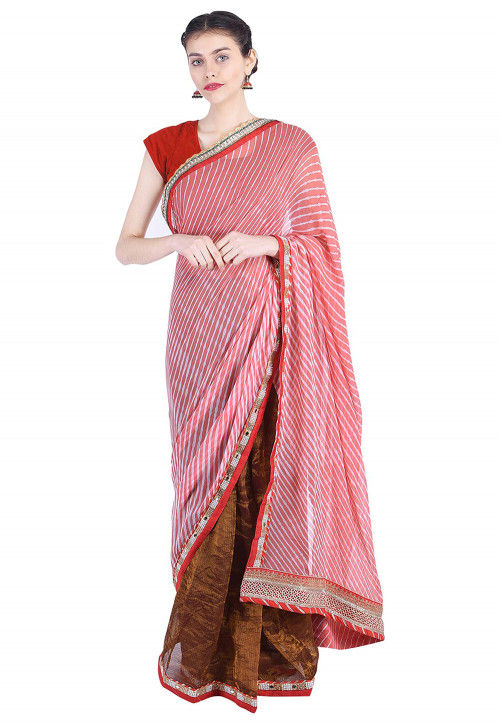 Pure Georgette Lehariya Saree in Peach and Brown