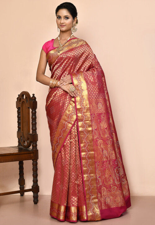 Kanchipuram Silk Embellished Saree in Coral Pink