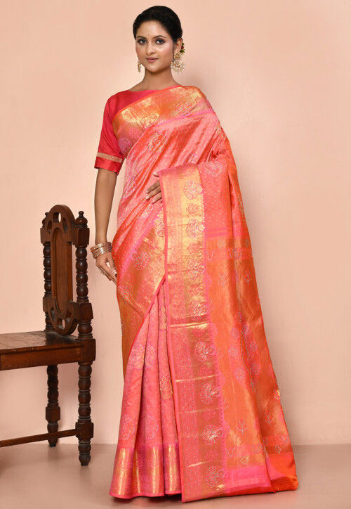 Kanchipuram Silk Embellished Saree in Peach