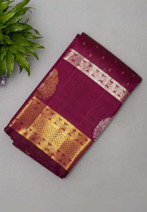 Aesthethic Maroon Kanjivaram Silk Saree With Floral Jaal Weaving |  Singhania's