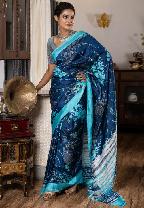 Azure Blue Handloom Saree With Floral Pallu – arhi.in