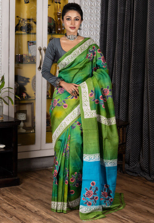 Allover Block Printed Murshidabad Silk Saree – WeaversIndia