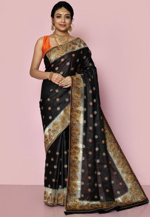 Pure Silk Embroidered Saree in Black