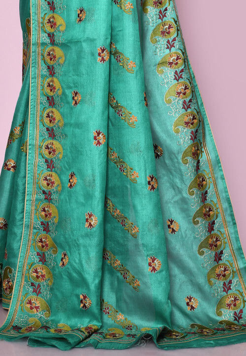 Pure Silk Embroidered Saree in Turquoise