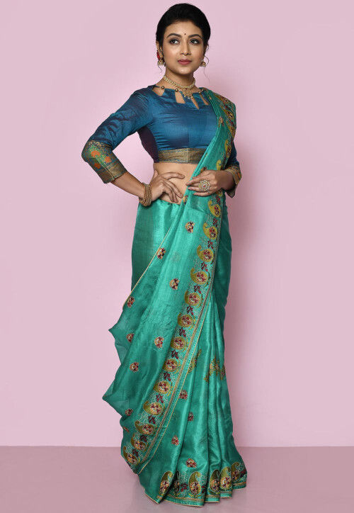 Pure Silk Embroidered Saree in Turquoise