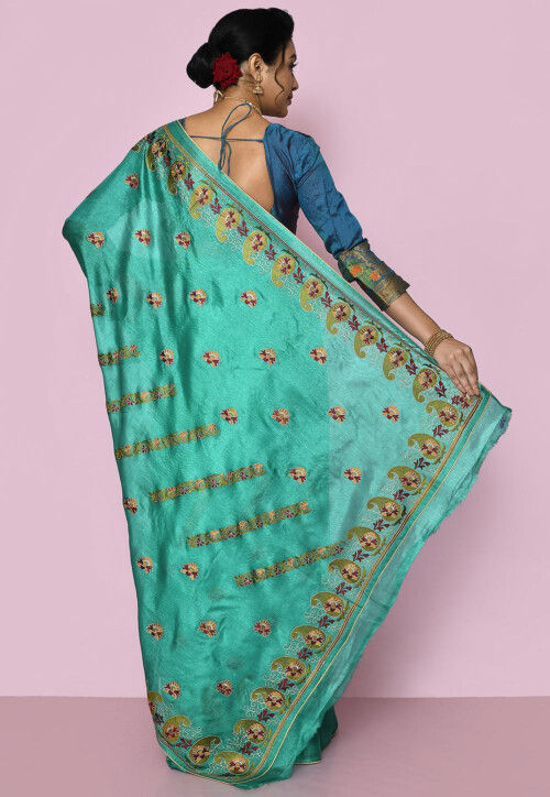 Pure Silk Embroidered Saree in Turquoise