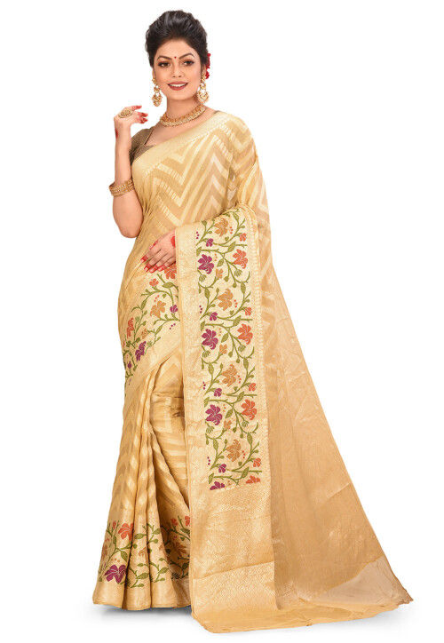 Pure Silk Georgette Banarasi Saree in Beige