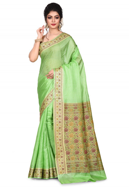 Pure Tussar Silk Banarasi Saree in Light Green