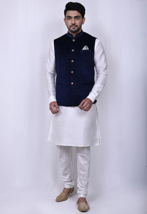 Quilted Velvet Nehru Jacket in Navy Blue