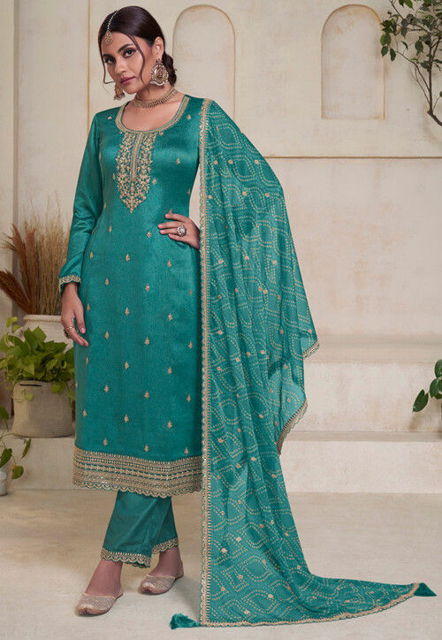 Resham, Zari Art Silk Pakistani Suit in Sea Green