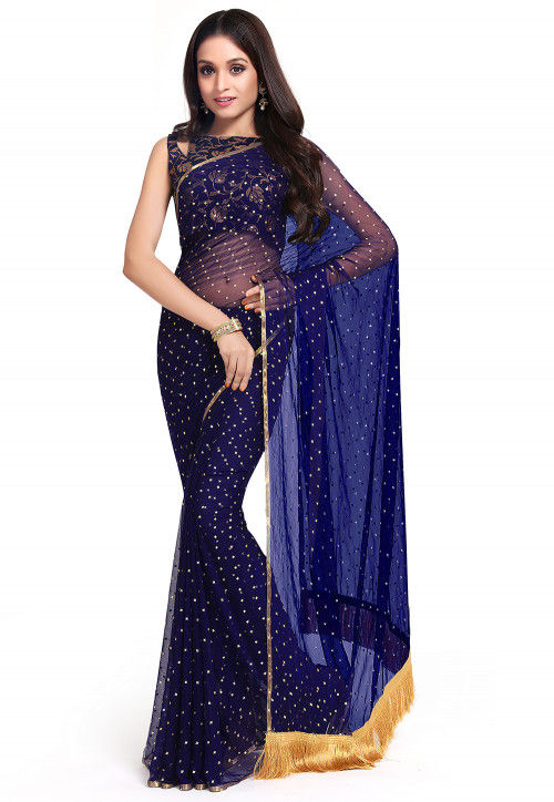 Rubber Printed Georgette Saree in Navy Blue