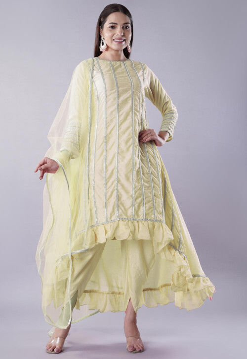 Buy Ruffled Art Silk Asymmetric Punjabi Suit in Light Yellow Online KUR418 Utsav Fashion