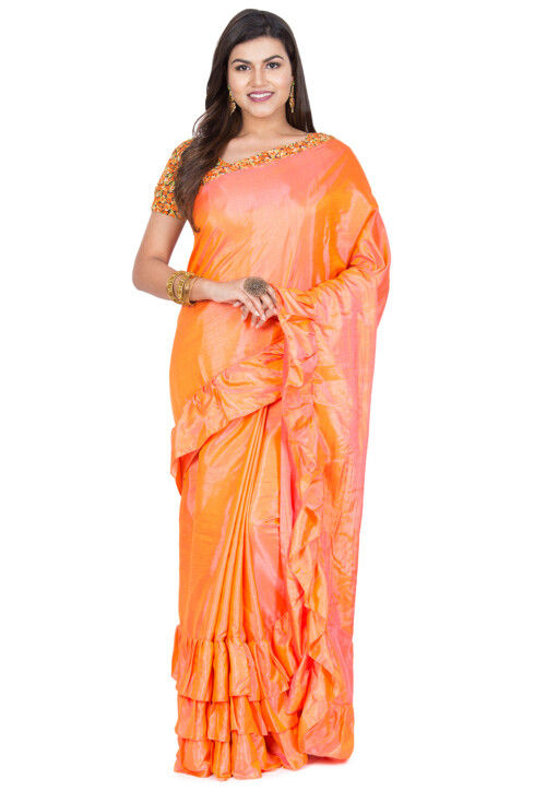 Ruffled Art Silk Saree in Orange