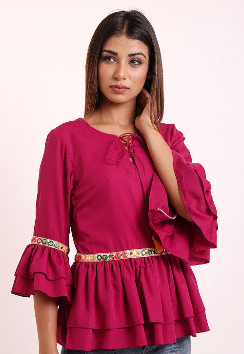 Ruffled Crepe Peplum Style Top in Fuchsia : TJW1274