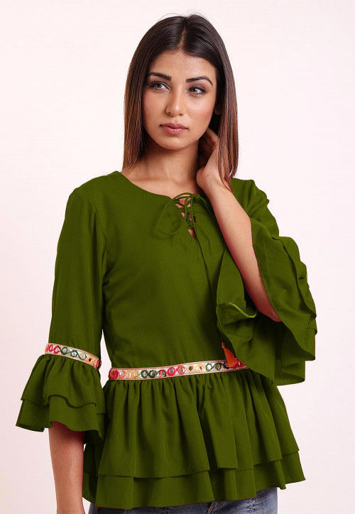 Ruffled Crepe Peplum Style Top in Green