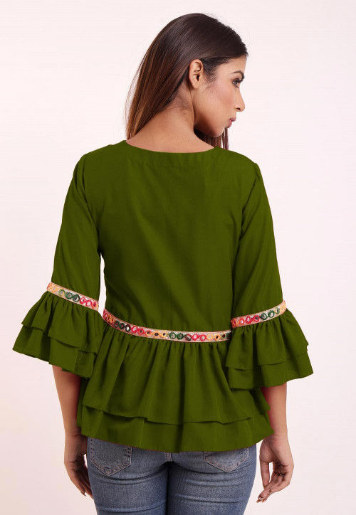 Ruffled Crepe Peplum Style Top in Green