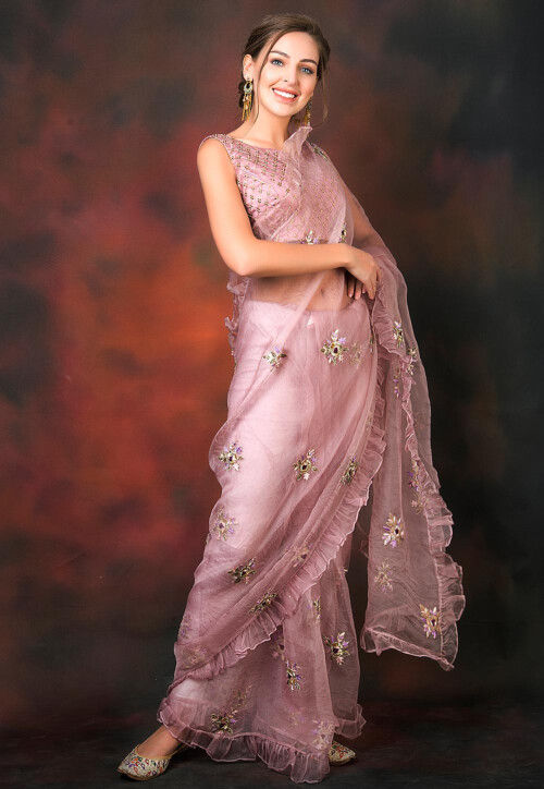 Ruffled Organza Pre-stitched Saree in Lilac
