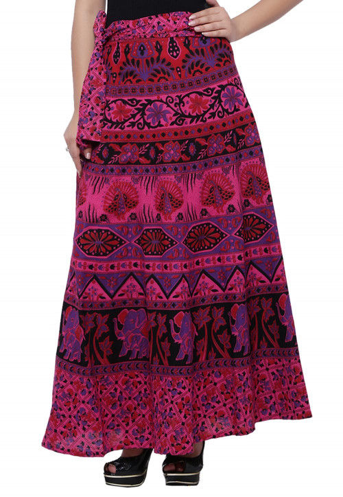 Buy Sanganeri Printed Cotton Wrap Around Skirt in Pink Online BRJ676 Utsav Fashion