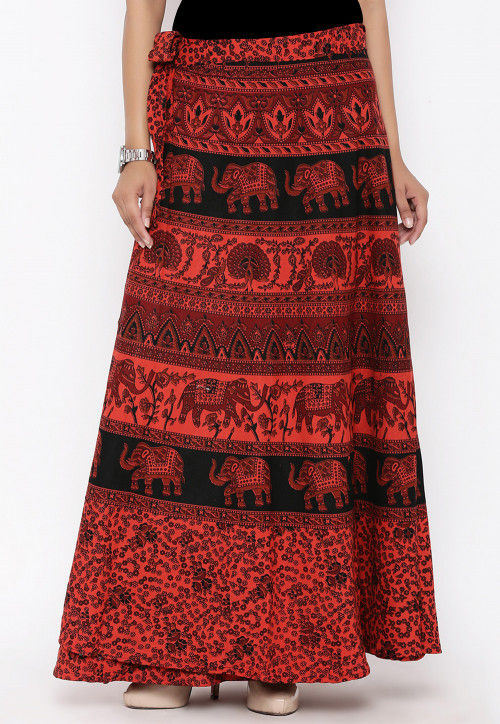 Sanganeri Printed Cotton Wrap Around Skirt in Red