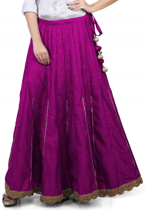 Scallop Border Bhagalpuri Silk Long Skirt in Magenta